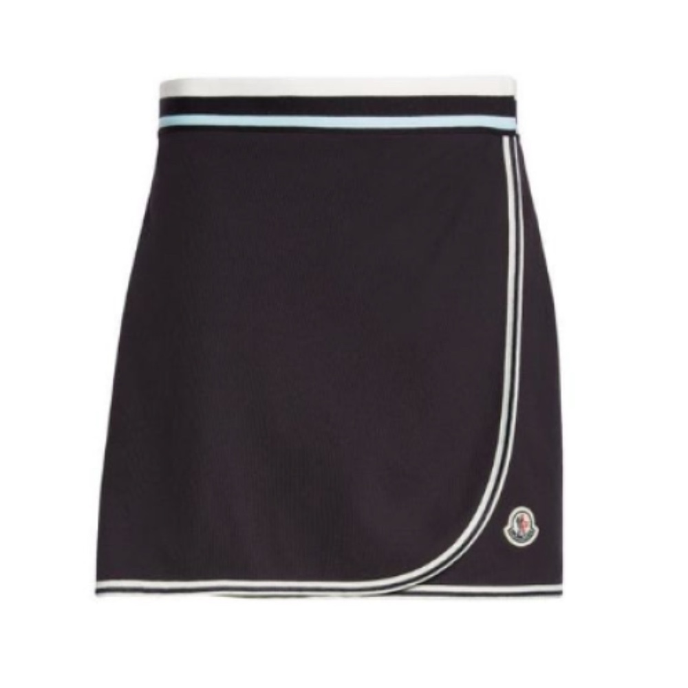 Moncler Logo Patch Faux Wrap Mini Skirt in Night Blue sz L NWT